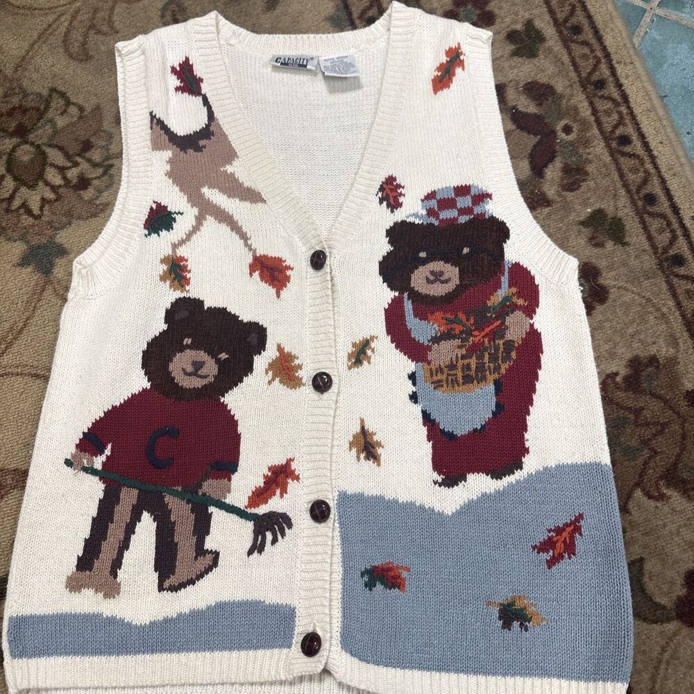 VTG 90s Fall Leaves Vest Whimsy Bear Cozy Grandmacore Knit M